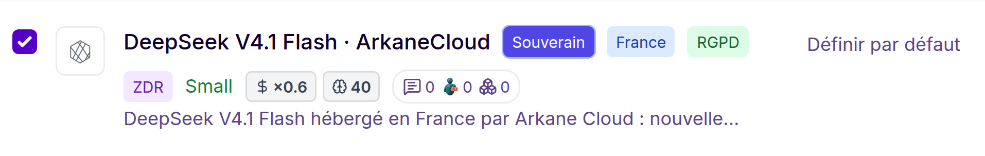 DeepSeek V4.1 Flash sélectionné via ArkaneCloud dans Plemio, avec son score AA et ses badges Souverain et France.