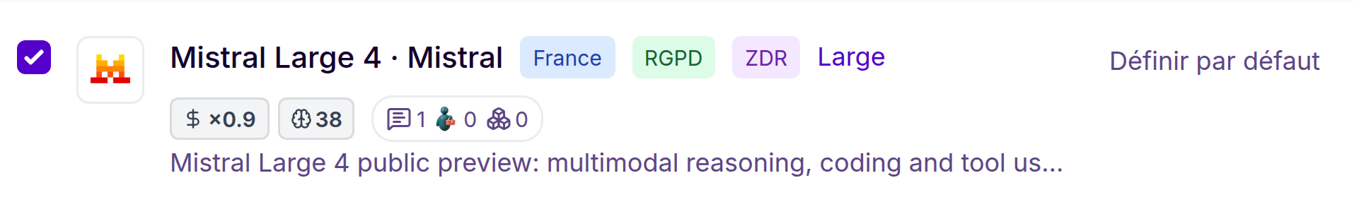 Mistral Large 4 sélectionné dans Plemio, avec son logo, son score AA et ses badges France, RGPD et ZDR.